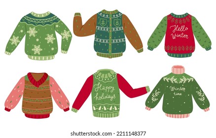A set of winter sweaters with various inscriptions and ornaments isolated on a white background. Vector graphics.