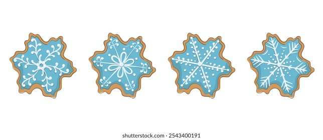 Set of winter sweet spice biscuits in in the form of snowflakes isolated on white background. Christmas Gingerbread Cookies. Cute Cartoon vector illustration for greeting card.