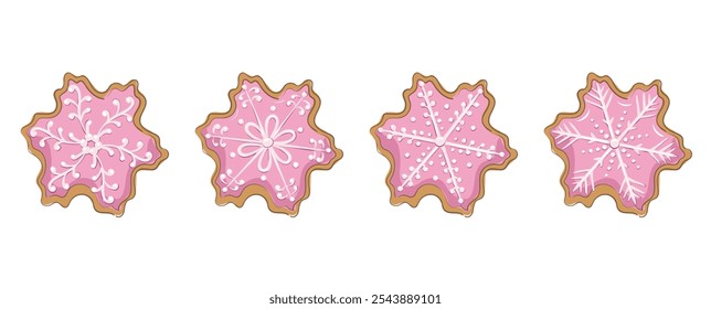 Set of winter sweet spice biscuits in in the form of snowflakes isolated on white background. Christmas Gingerbread Cookies. Cute Cartoon vector illustration for greeting card.