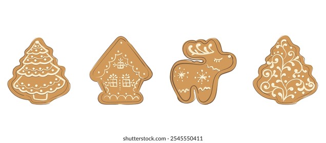 Conjunto de biscoitos de especiarias doces de inverno na forma de veado, casa e árvore de ano novo isolados no fundo branco. Biscoitos de biscoito de gengibre de Natal. Ilustração de vetor de desenhos animados bonito para cartão de saudação.