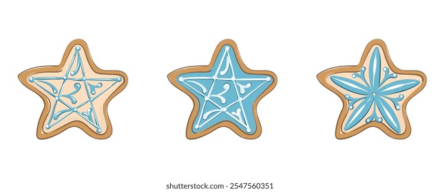 Set of winter sweet spice biscuits in in the form of stars  isolated on white background. Christmas Gingerbread Cookies. Cute Cartoon vector illustration for greeting card.