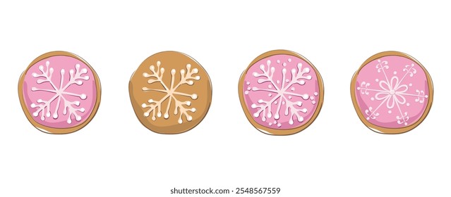 Set of winter sweet spice biscuits in in the form of snowflakes isolated on white background. Christmas Gingerbread Cookies. Cute Cartoon vector illustration for greeting card.