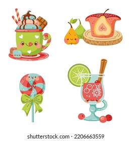 Set of winter sweets and drinks in kawaii style. Cartoon vector illustration