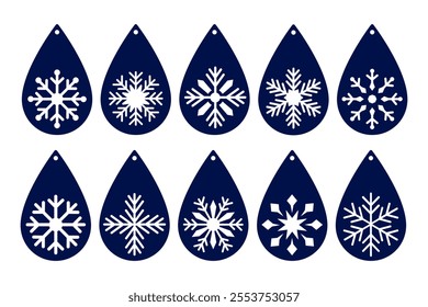 Set of winter teardrop earrings, pendant or keychain designs with snowflakes. Christmas jewelry cutting template. Laser cut with leather, wood or metal. Vector silhouette