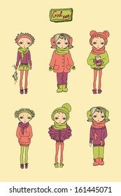 Set of winter teenage vector girls