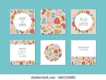 Set of winter templates. Collection of doodle winter backgrounds with winter clothes. Suitable for social media post and web banner design.
Vector 10 EPS.