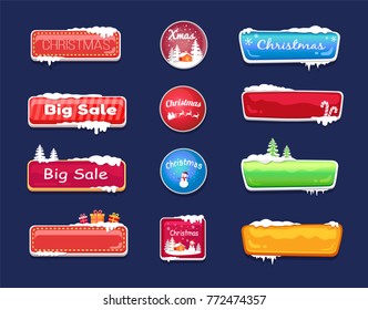 Set of winter theme glossy web push button covered by snow vector illustration online shopping signs isolated. Website label, download symbols