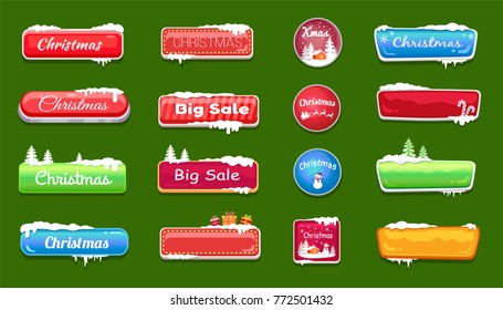 Set of winter theme glossy web push button covered by snow vector illustration online shopping signs isolated. Website label, download symbols
