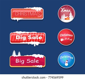 Set of winter theme glossy web push button covered by snow vector illustration online shopping signs isolated. Website label, download symbols