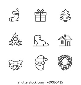 Set of winter theme icons isolated on white background. Vector illustration with herbal wreath, present box decorated with bow and cute smiling Santa Claus