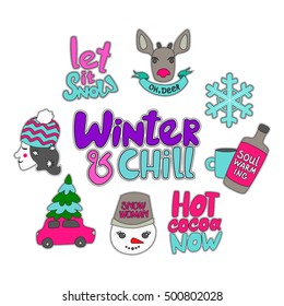 Set of winter themed patches. Funny and colorful winter stickers. Vector illustration for your graphic design.