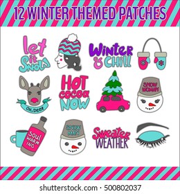 Set of winter themed patches. Funny and colorful winter stickers. Vector illustration for your graphic design.