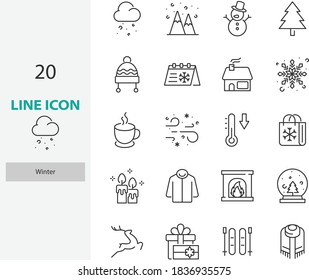 set of winter thin line icons, winter season, christmas