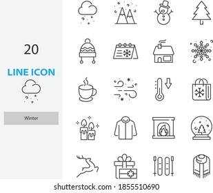 set of winter thin line icons, snowflake, season, cold, holiday