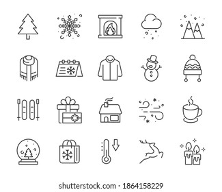 set of winter thin line icons