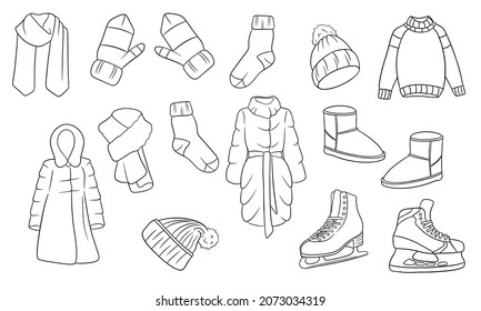 A set of winter things. Collection of warm clothes. Line style. Vector illustration.