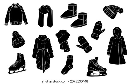 A set of winter things. Collection of warm clothes. Silhouette. Vector illustration.