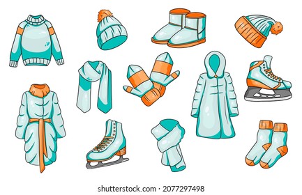 A set of winter things. Collection of warm clothes. Cartoon style. Vector illustration.