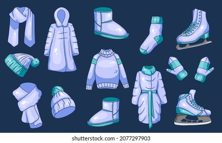A set of winter things. Collection of warm clothes. Cartoon style. Vector illustration.