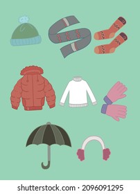 Set of winter things. Collection of warm clothes for the whole family. Cartoon jackets, hats and scarf. Color illustration of a drawing for children.