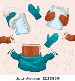 Set of winter things of reading person, books, scarfs, cap and mittens. Merry Christmas card with winter season objects. Isolated on background. Flat style cartoon vector illustration.