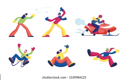 Set of Winter Time Activities and Recreational Fun. Male and Female Characters Snowball Fighting, Riding Snowmobile, Going Downhills by Sled and Tubing. Cartoon Flat Vector Illustration, Clip Art