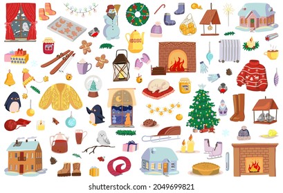 Set of winter time attributes, Christmas holidays symbols. Drawings of cozy items, xmas decorations, clothes, foods. Hand drawn vector illustrations. Cartoon cliparts collection isolated on white.