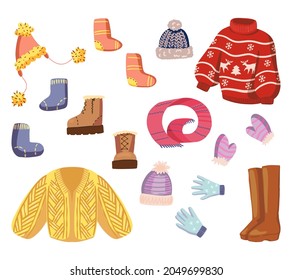 Set of winter time attributes. Drawings of warm clothes, accessories. Hand drawn vector illustrations. Cartoon cliparts collection isolated on white. Elements for design, prints, stickers, decor, card