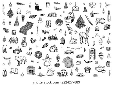 Set von Winterzeit-Doodles, Weihnachtsfeiersymbolen. Gemütliche Gegenstände, Weihnachtsdekorationen, Kleidung, Lebensmittel, Tiere. Handgezeichnete Vektorgrafiken. Rahmenkollektion für Clips, einzeln auf weiß.