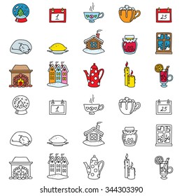 Set of winter time icons. Vector doodle illustration.
