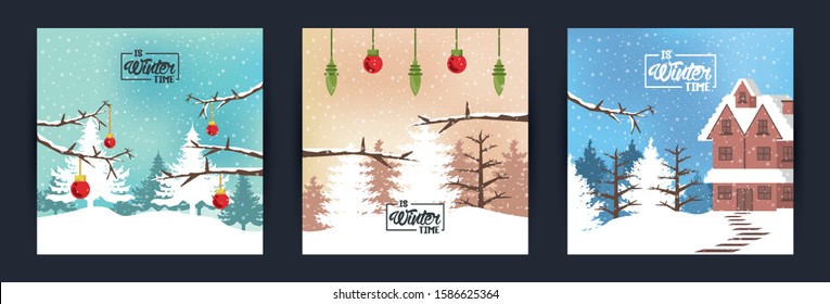 set of winter time poster scenes vector illustration design