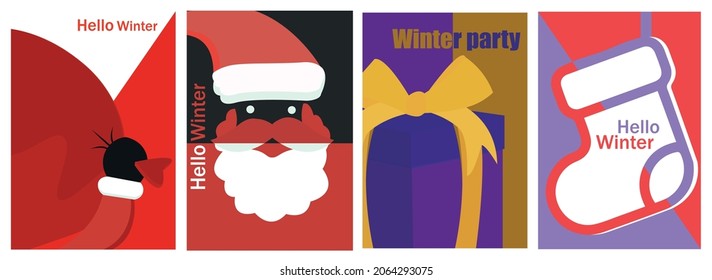Conjunto de plantillas de impresión de invierno, patrón de fondo sobre el tema del invierno para volantes, tarjetas, folletos, afiches. antecedentes de tus redes sociales. Ilustración vectorial plana.