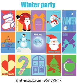 Set of winter time print templates, background pattern on the theme of winter for flyers, cards, brochures, posters. backgrounds for your social networks. Flat vector illustration.