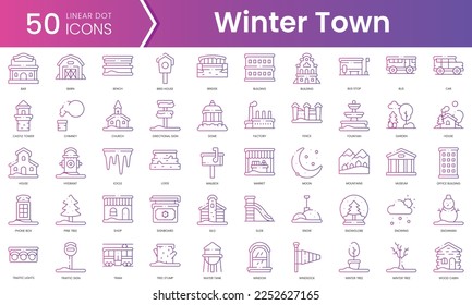 Set of winter town icons. Gradient style icon bundle. Vector Illustration