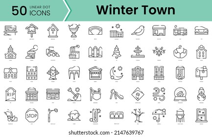 Set Of Winter Town Icons. Line Art Style Icons Bundle. Vector Illustration