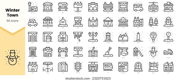 Set of winter town Icons. Simple line art style icons pack. Vector illustration