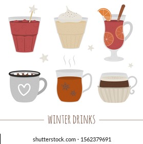 Set of winter traditional drinks. Holiday hot beverage collection. Vector illustration of cocoa, mulled wine, coffee, tea, eggnog, punch isolated on white background