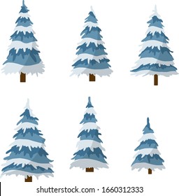 Set of winter tree. Cartoon flat illustration. Cold season. Snow on branches. Element of nature and forests