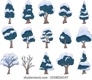 set of winter tree with snow cartoon