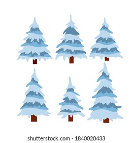 Set of winter tree. Snow on branches. Element of nature and forests. Cartoon flat illustration. Cold season. New year and Christmas decorations