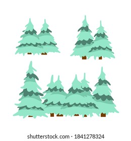 Set of winter tree. Snow on branches. Element of nature and forests. Cartoon flat illustration. Cold season. New year and Christmas decorations