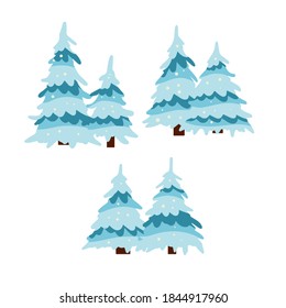 Set of winter tree. Snow on branches. Element of nature and forests. Cartoon flat illustration. New year and Christmas decorations. Cold season