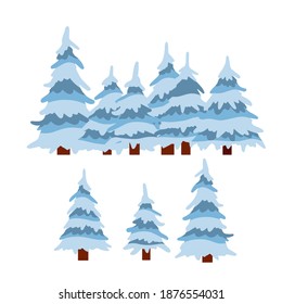 Set of winter tree. Snow on branches. Cartoon flat illustration. Cold season. New year and Christmas decorations. Element of nature and forests