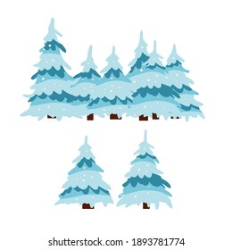 Juego de árbol de invierno. Nieve sobre ramas. Elemento de la naturaleza y los bosques. Dibujo plano de caricatura. Temporada fría. Decoración de Año Nuevo y Navidad