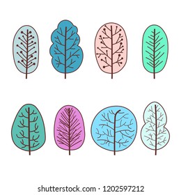 Set of winter trees abstract linear icons. Hand-drawn forest trees. Vector illustration.
