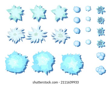 Conjunto de árboles y arbustos de invierno para vistas al paisaje. Naturaleza helada en temporada fría. Desde lo alto. Deslizamientos blancos de nieve. Ilustración en diseño plano de estilo caricatura. Vector.