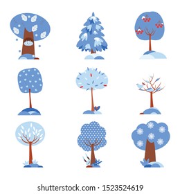 Set of winter trees with forest animals and birds. Vector illustration. Cute cartoon style for kids design. Blue snowy garden for landscape background.
