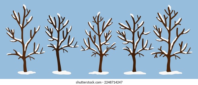 Está rodeada de árboles de invierno sobre un fondo azul claro. Árboles con nieve en las ramas ю conjunto de vectores.