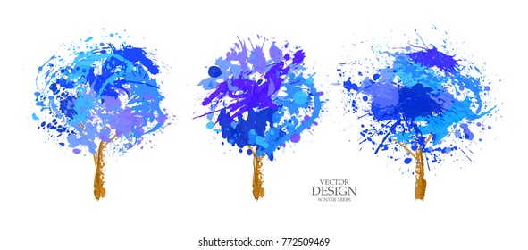 Set of winter  trees and paint blot, splashes, drops 
