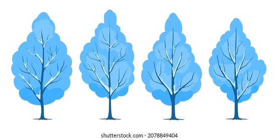 Set of winter trees with snow-covered branches. Vector illustration
